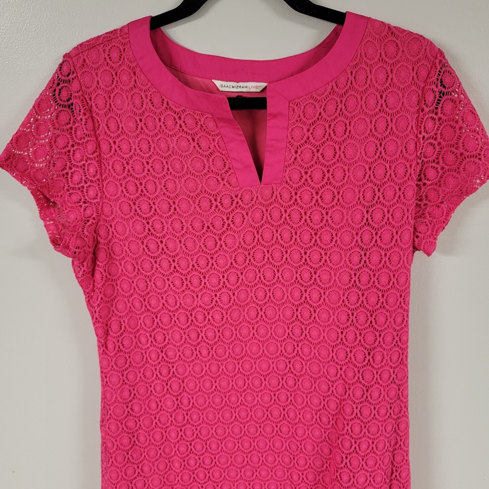 Isaac Mizrahi Live Pink Lace Sheath Dress Short Sleeve V Neck Size M